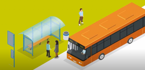 Axians animatie, schoolbus haalt studenten op