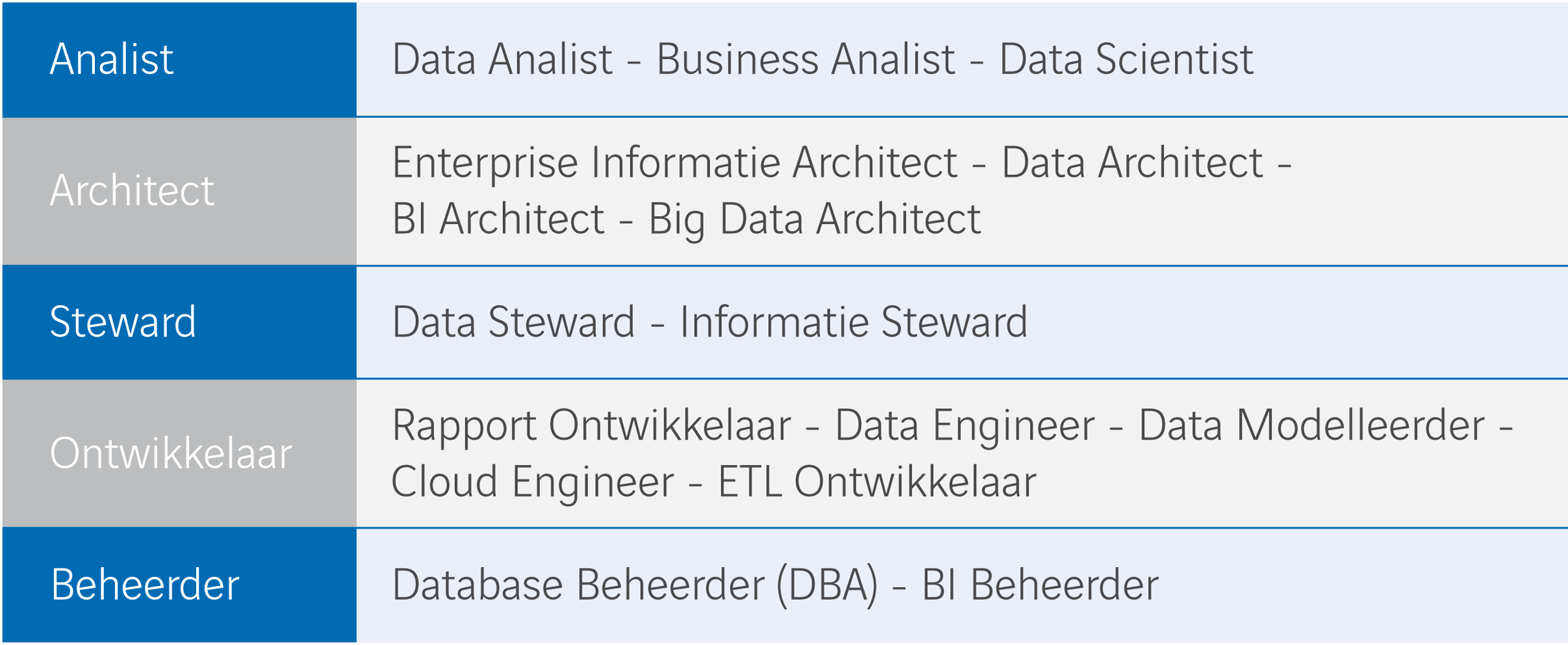 Voorbeelden van veel voorkomende uitvoerende analytics rollen