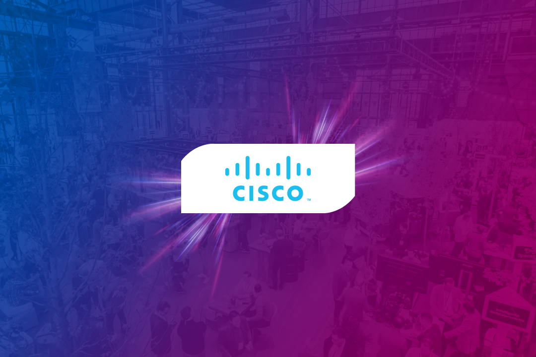 Het logo van Cisco op een logobalkje en een blauw-paars-rode gradient achtergrond