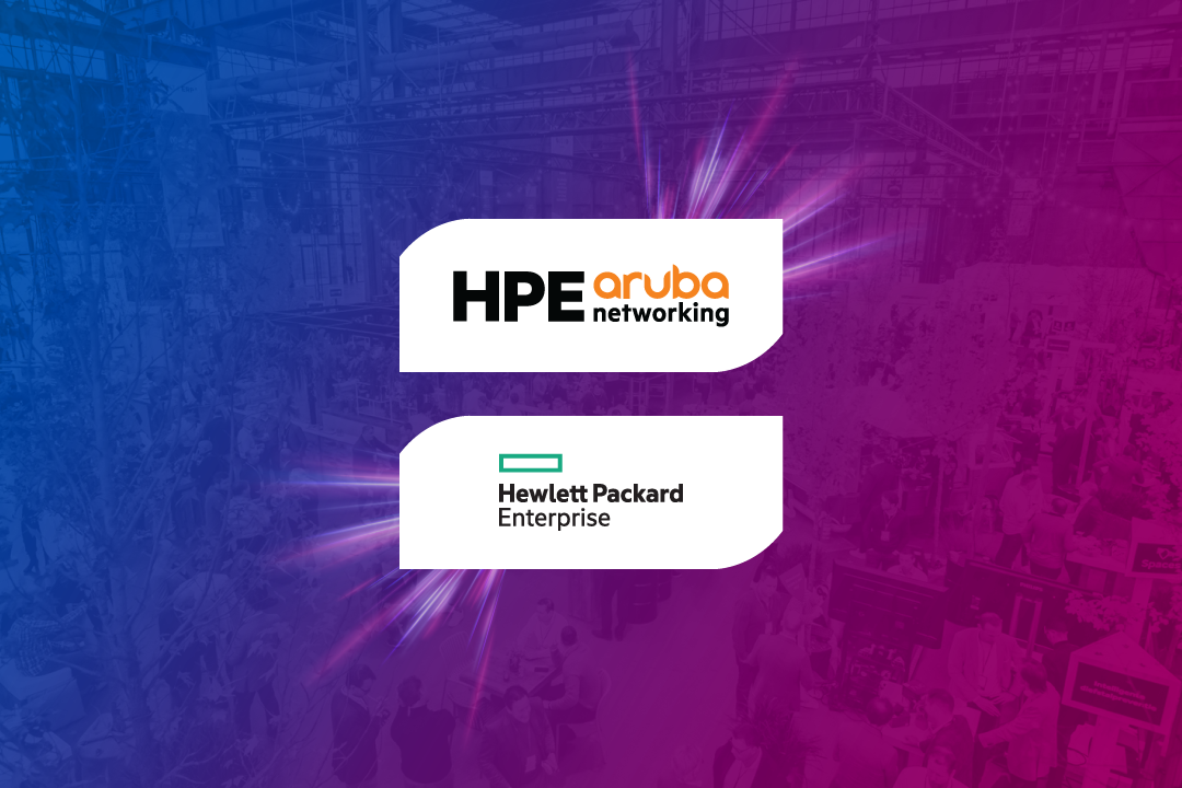 Het logo van HPE en HPE Aruba op een logobalkje en een blauw-paars-rode gradient achtergrond