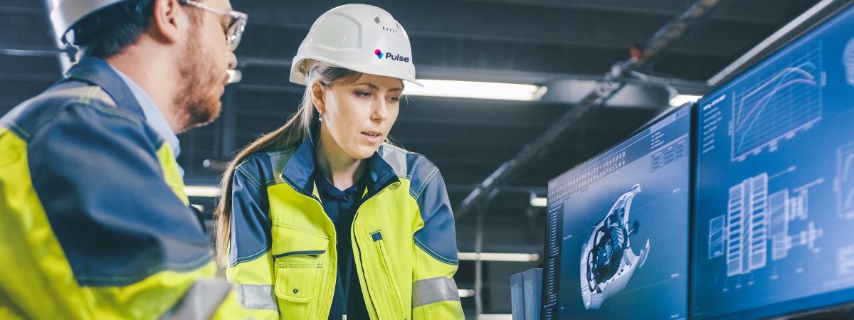 Industriële IT-professionals in veiligheidskleding werken samen in een fabriek of werkplaats. Ze bekijken gegevens op een computer