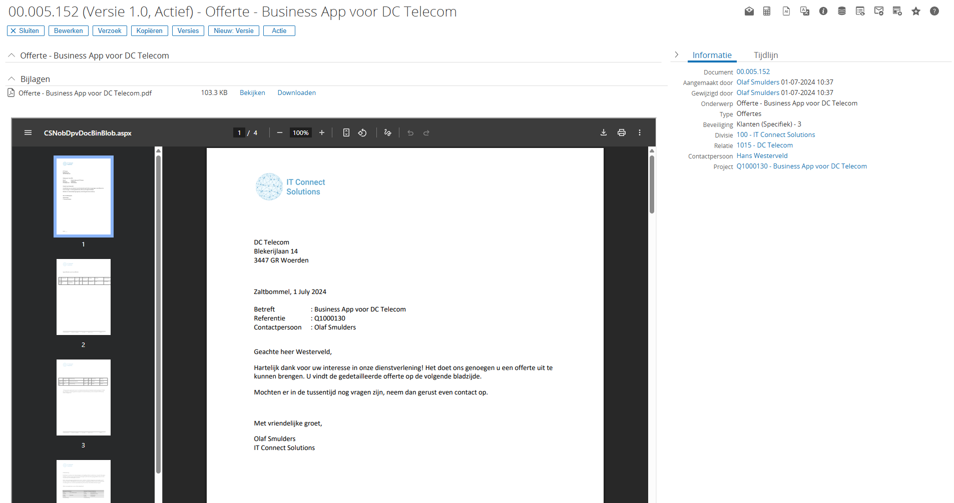 Een voorbeeld van een document, direct weergeven met details in Exact Synergy