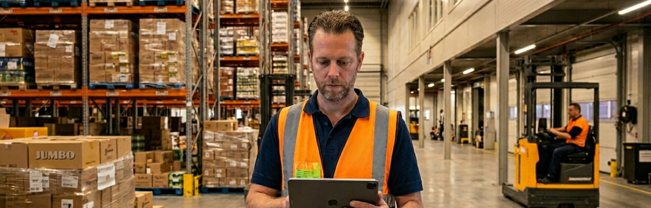 Magazijnmedewerker bekijkt logistiek dashboard op groot scherm in distributiehal met stellingen op de achtergrond.